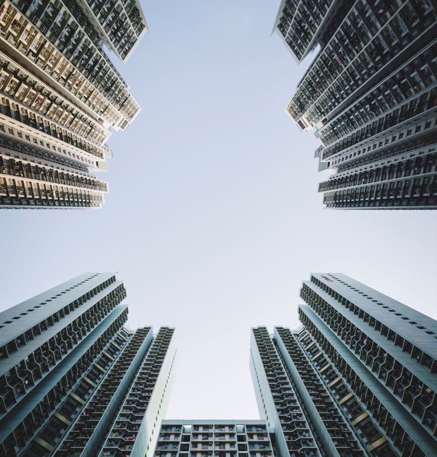 Looking up between residential towers
