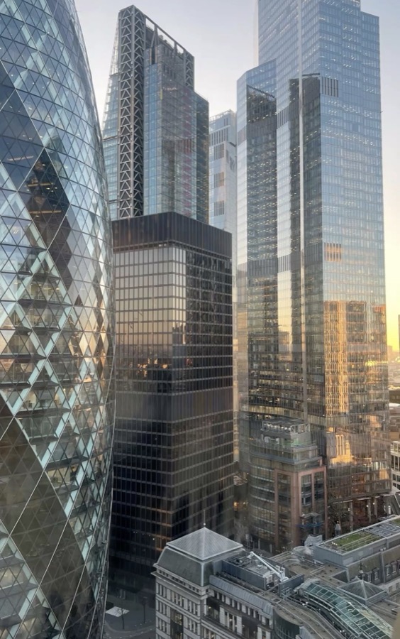Glass towers catching evening light